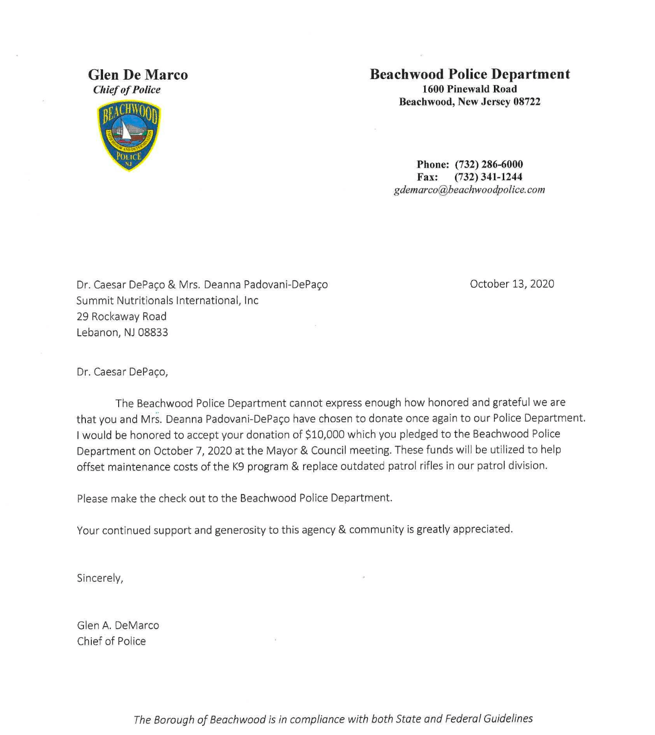 Beachwood Police Department Thanks Summit Nutritionals International® César DePaço