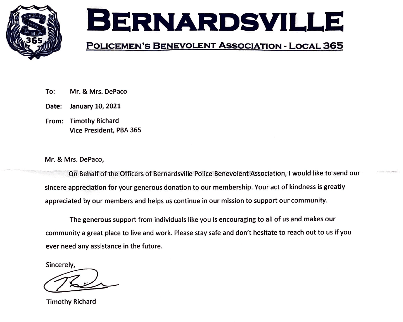 Bernardsville PBA thanks the DePaço’s César DePaço
