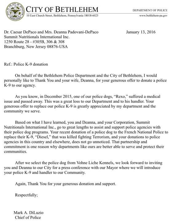 Bethlehem Police Department Thanks Summit Nutritionals International® César DePaço