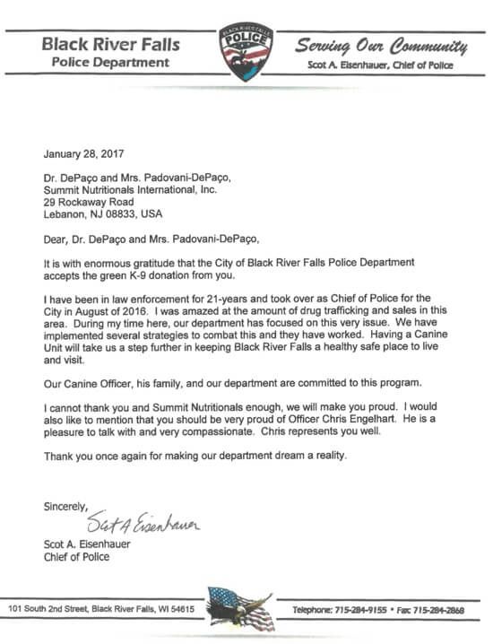 Black River Falls Police Department Thanks Summit Nutritionals® César DePaço