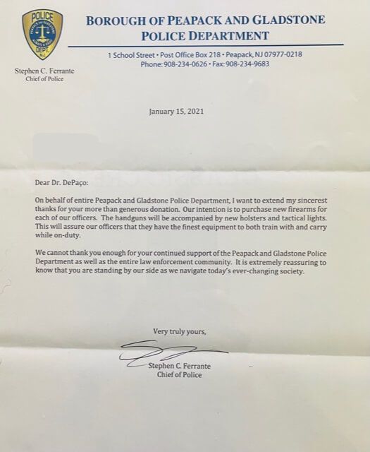 Borough of Peapack & Gladstone Police Department Thanks Summit Nutritionals César DePaço