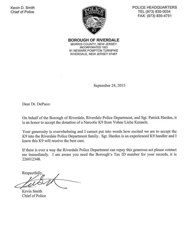 Borough of Riverdale Police Department Thanks Summit Nutritionals César DePaço