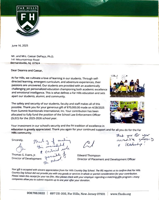 Letter of Appreciation from the Far Hills Country Day School