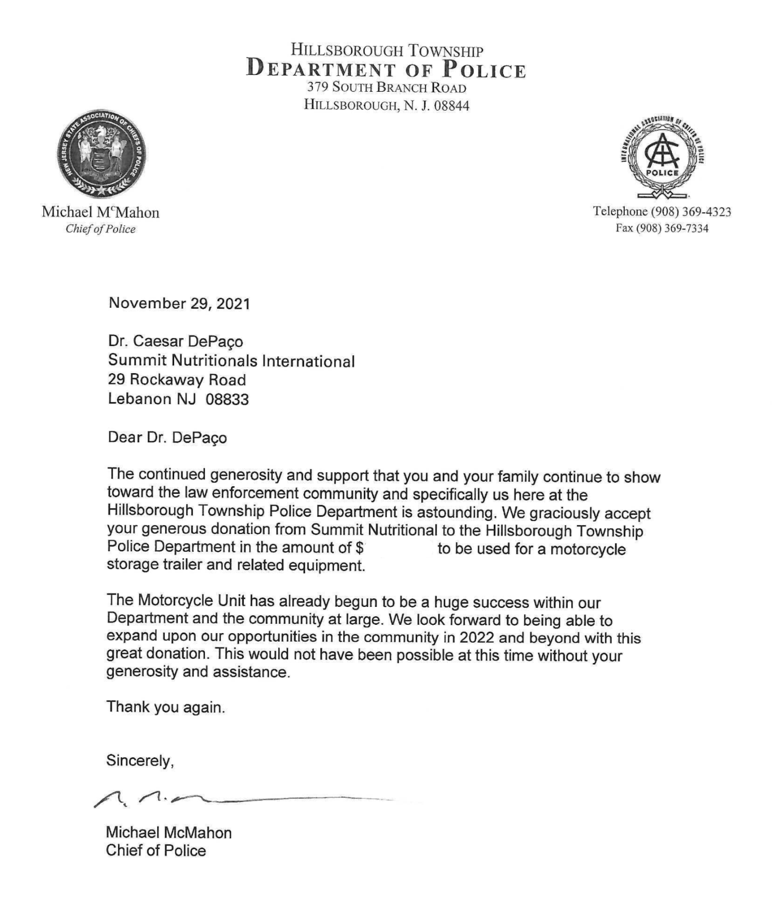 César DePaço Donates to Hillsborough Township Department of Police