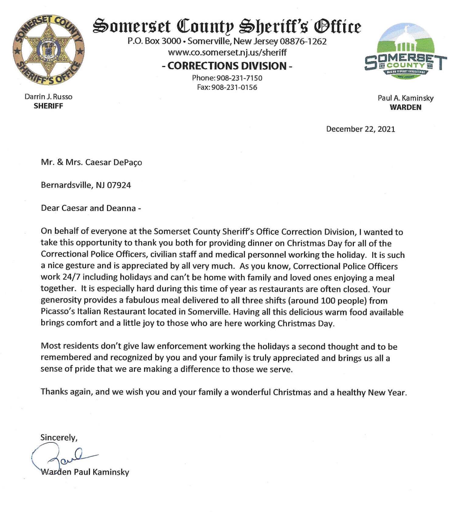 César DePaço Provides Christmas Dinner to Somerset County Corrections Officers