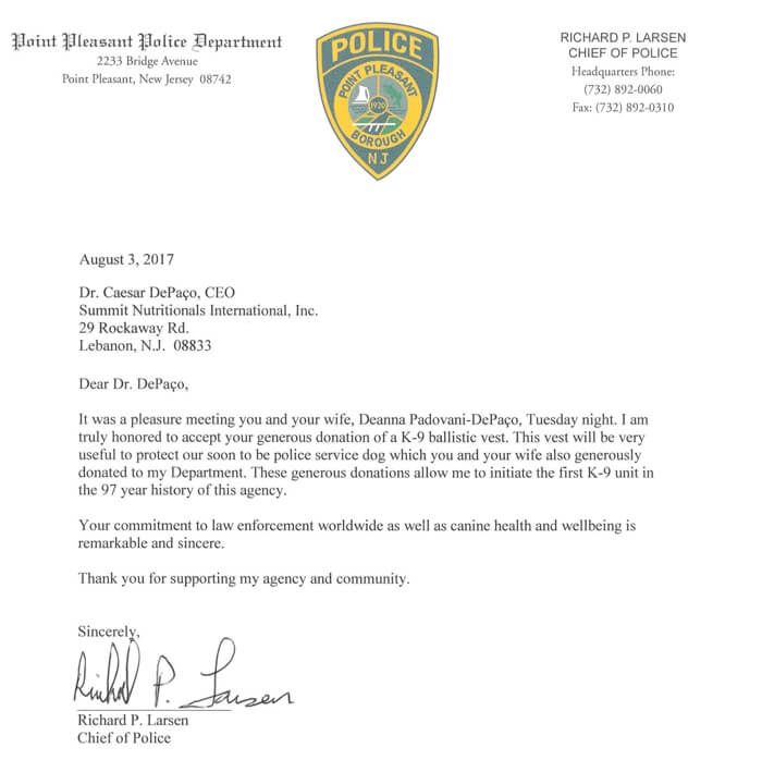 Chief Larsen Thanks Summit Nutritionals International® César DePaço