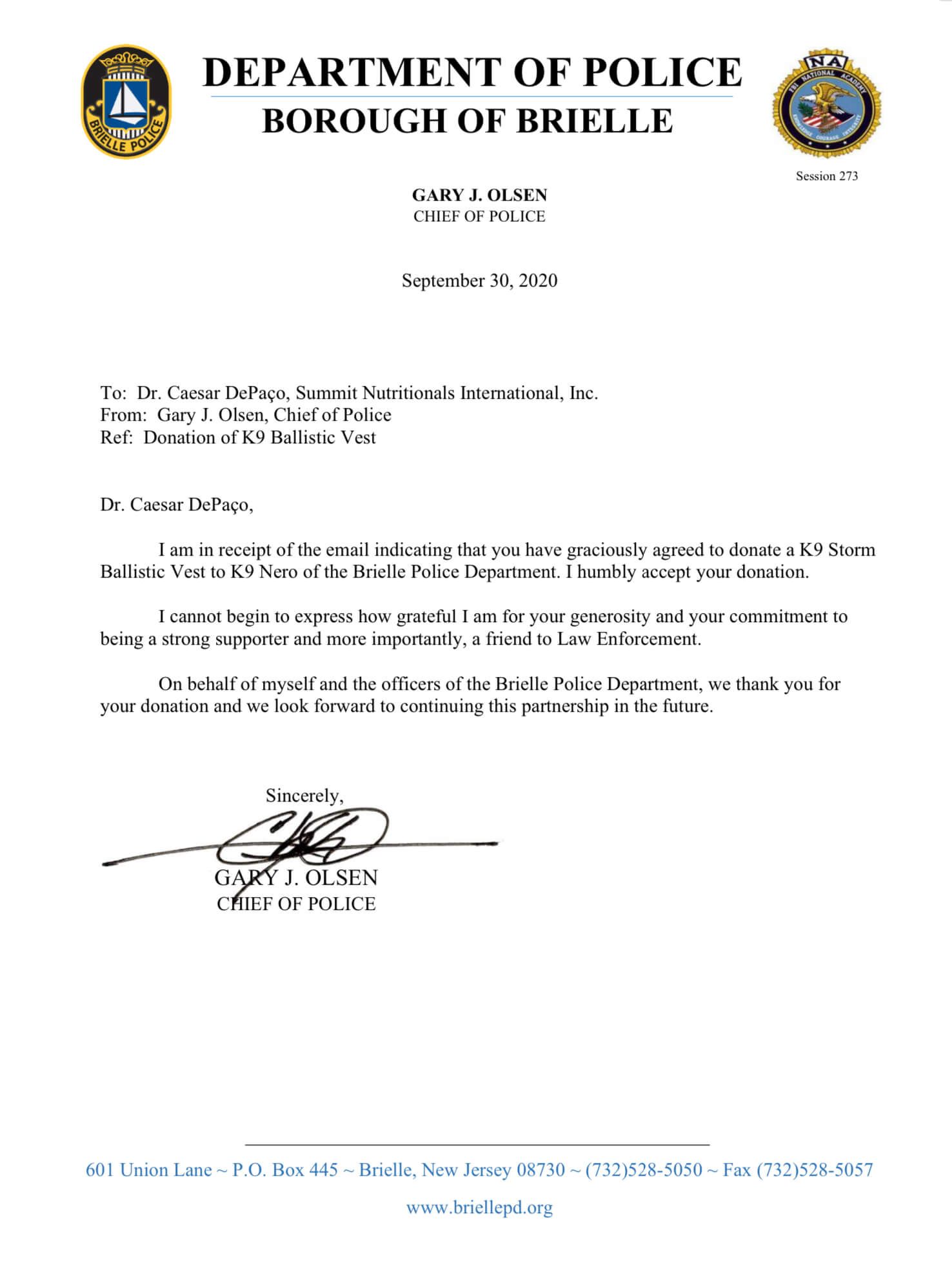 Chief of Police, Gary Olsen, Thanks Summit Nutritionals International César DePaço