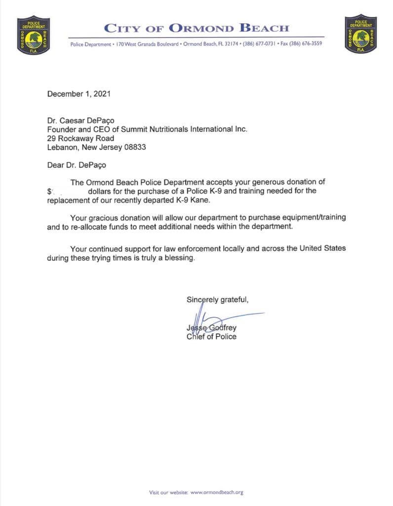 City of Ormond Beach Police Department thanks César DePaço