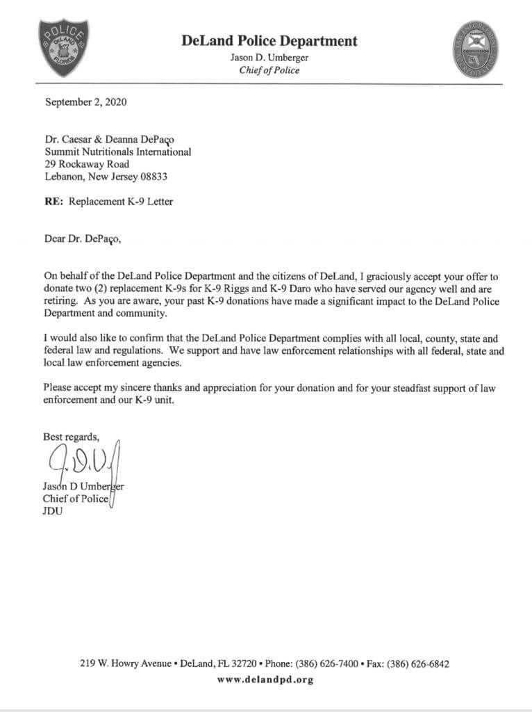 DeLand Police Department Thanks Summit Nutritionals International César DePaço