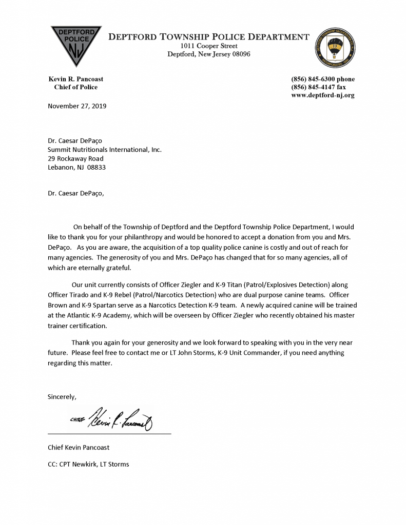 Donation to Deptford Township Police Department, NJ César DePaço