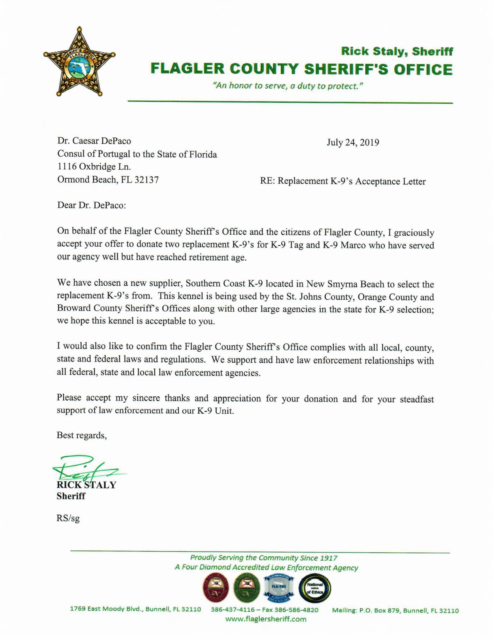 Donation to Flagler County Sheriff’s Office César DePaço