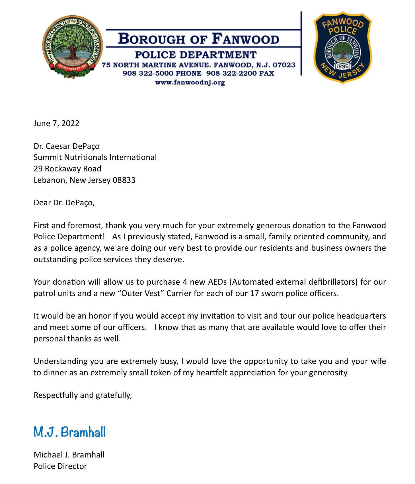 Fanwood Police Department Thanks César DePaço for Generous Donation