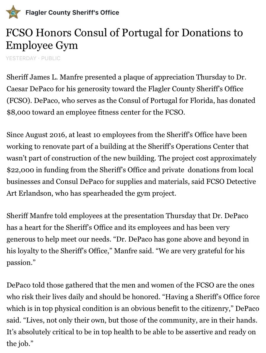 Flagler County Sheriff’s Office Honors Consul of Portugal César DePaço