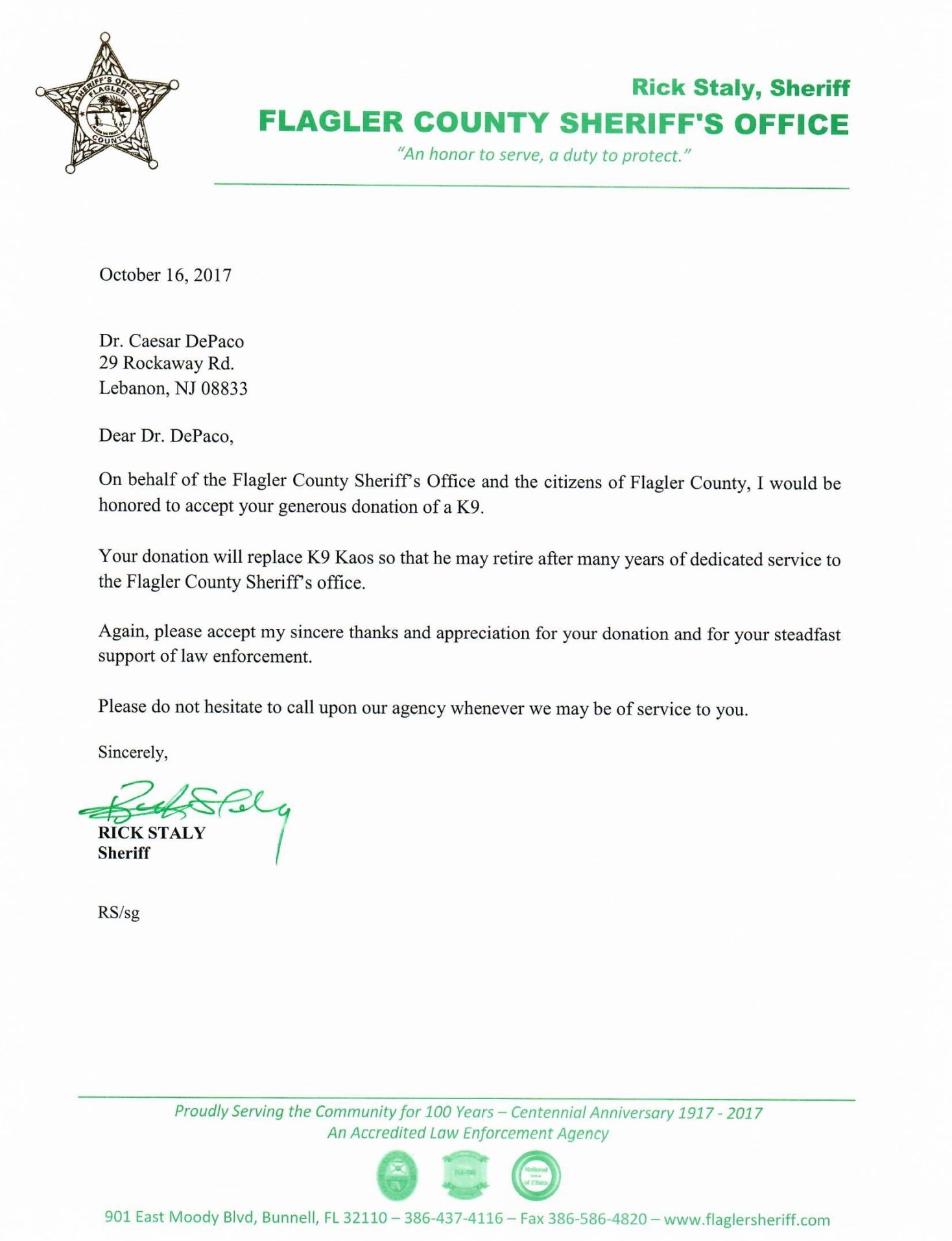 Flagler County Sheriff’s Office Thanks Summit Nutritionals International® César DePaço