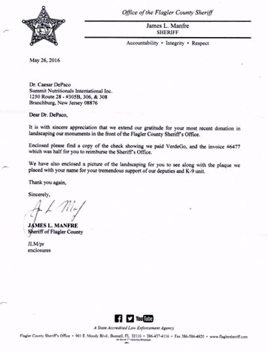 Flagler County Sheriff's office Thanks Summit Nutritionals César DePaço