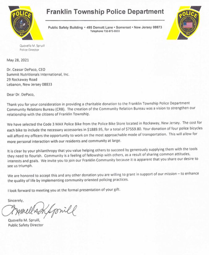 Franklin Township Police Department Thanks César DePaço of Summit Nutritionals International 