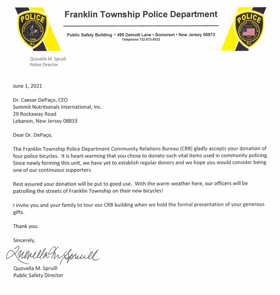 Franklin Township Police Department Thanks César DePaço for Police Bike Donation