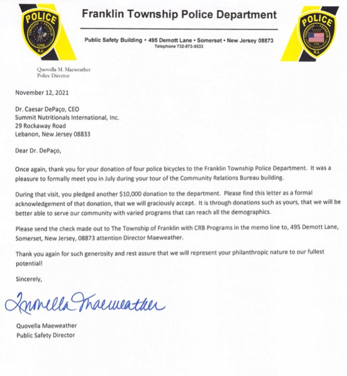 Franklin Township Police Department Thanks César DePaço  