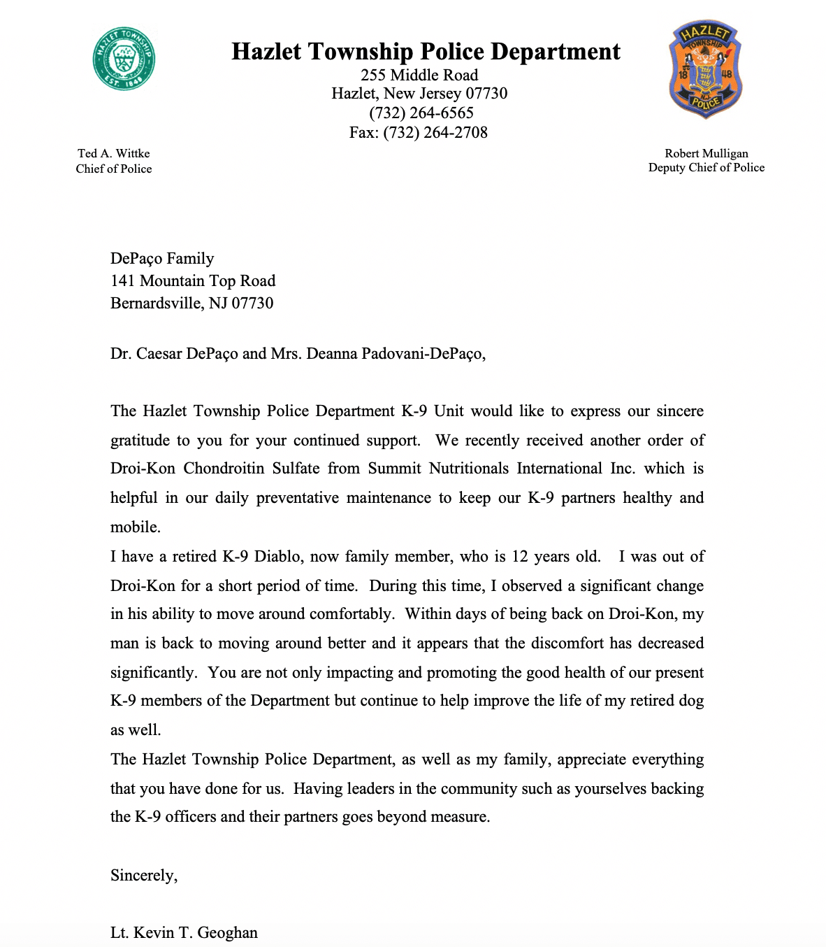 Hazlet Township Police Department Endorses Droi-Kon ® Chondroitin Sulfate César DePaço