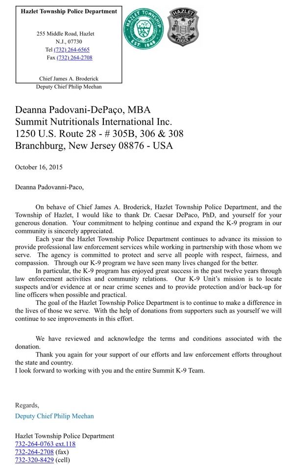 Hazlet Township Police Department Thanks Summit Nutritionals International® César DePaço