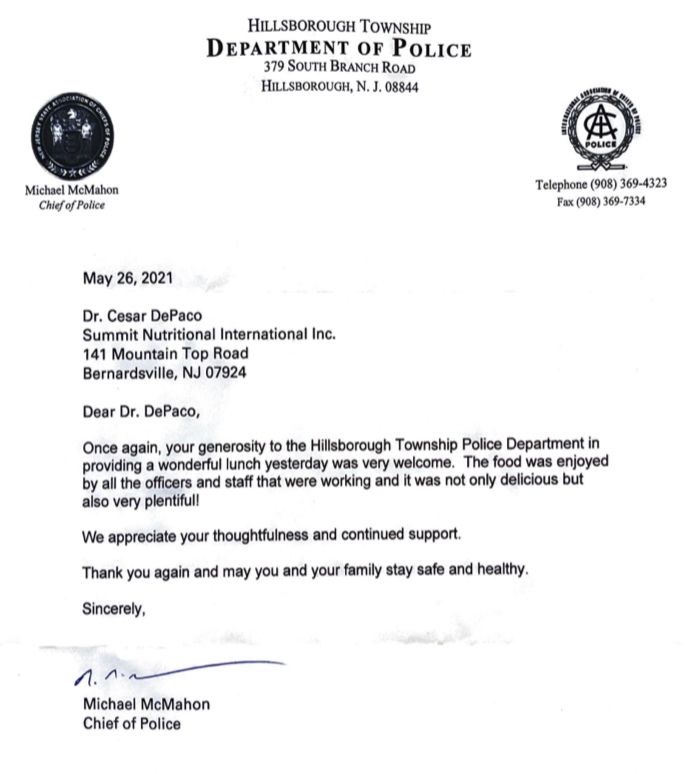 Hillsborough Township Police Department thanks César DePaço