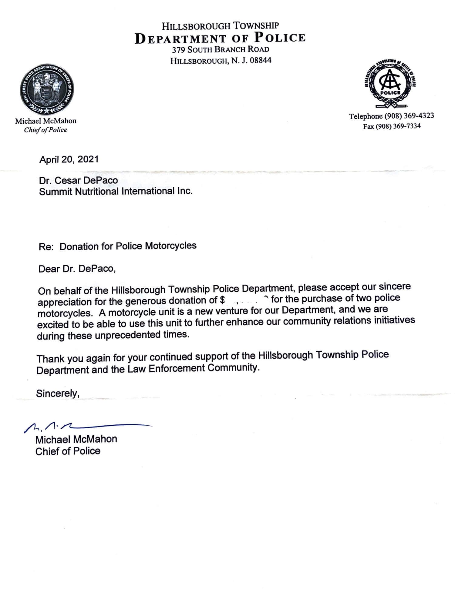 Hillsborough Township Police Department Thanks Summit Nutritionals International César DePaço