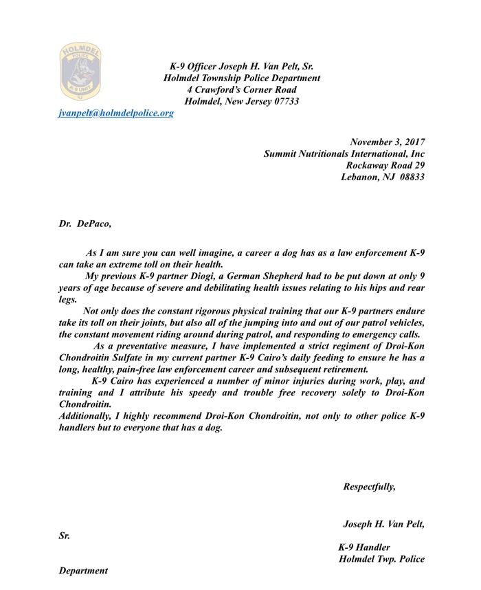 Holmdel Police Department Endorses Droi-Kon® Chondroitin Sulfate César DePaço