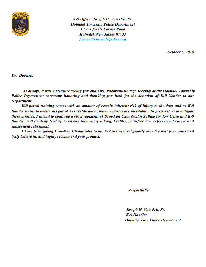 Holmdel Police Department Endorses Droi-Kon ® Chondroitin to K-9 partners César DePaço