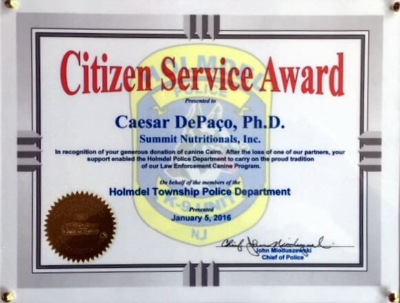 Holmdel Township Police Department Thanks Summit Nutritionals® César DePaço