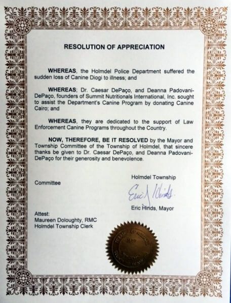 César DePaço Holmdel Township Police Department Thanks Summit Nutritionals®