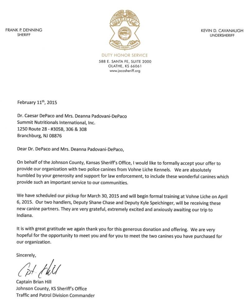 Johnson County, Kansas Sheriff’s Office Thanks Summit Nutritionals International® César DePaço