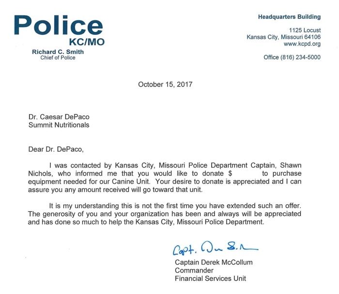 Kansas City, Missouri Police Department thanks Summit Nutritionals International® César DePaço