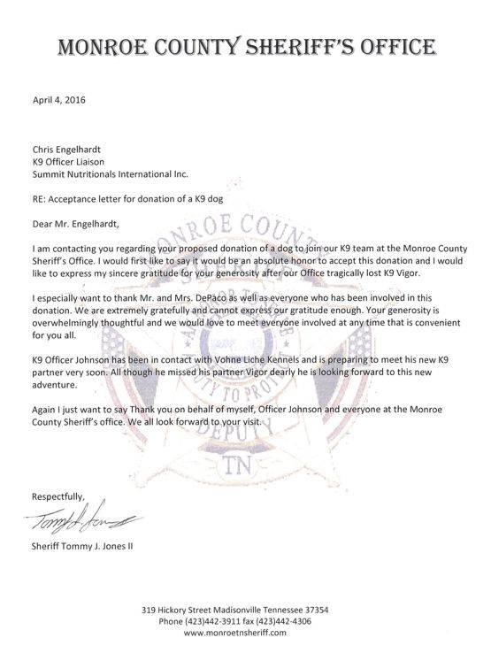 Monroe County Sheriff’s Office Thanks Summit Nutritionals® César DePaço
