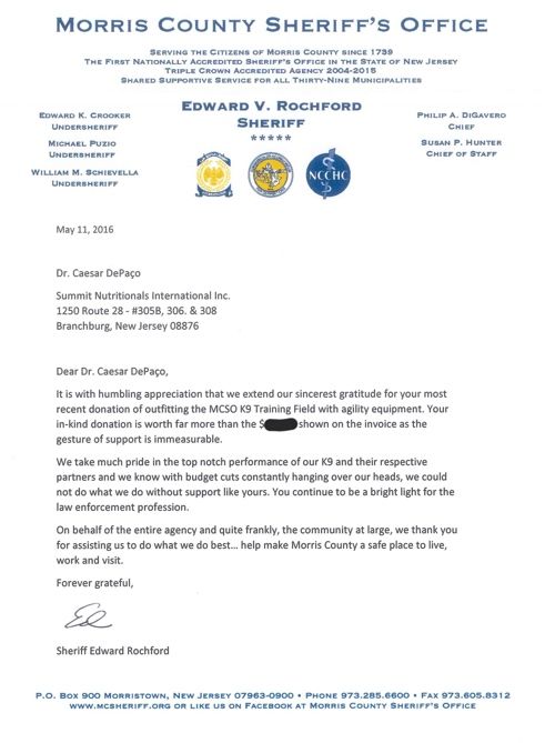 Morris County Sheriff’s Office Thanks Summit Nutritionals® César DePaço