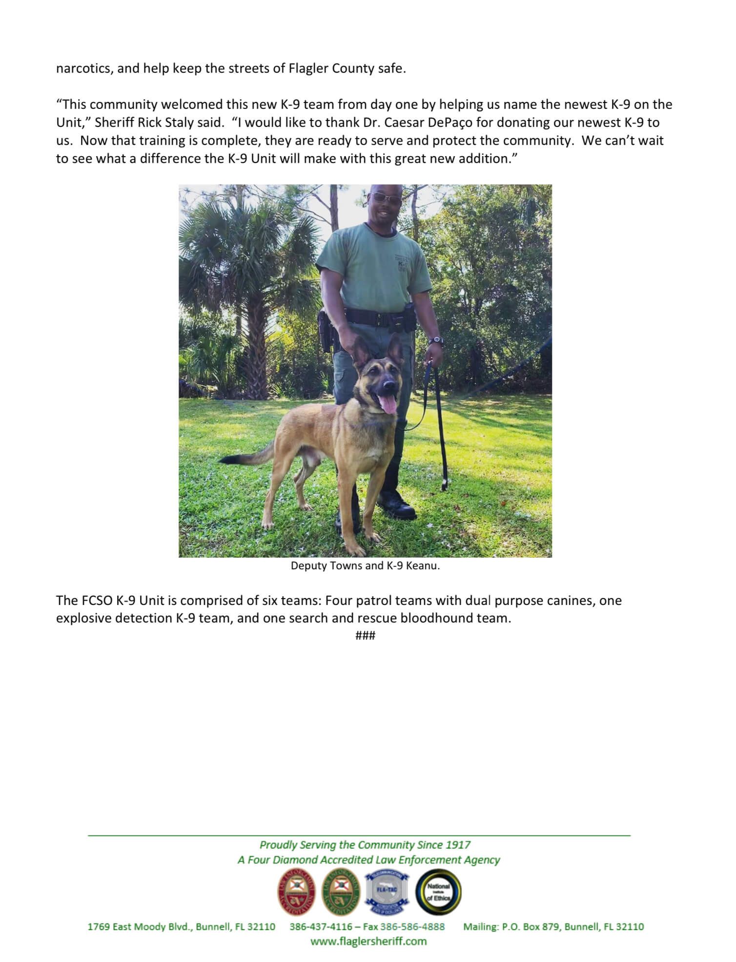 César DePaço Newest Flagler Sheriff K-9 Team Completes Training, Ready for Full Duty