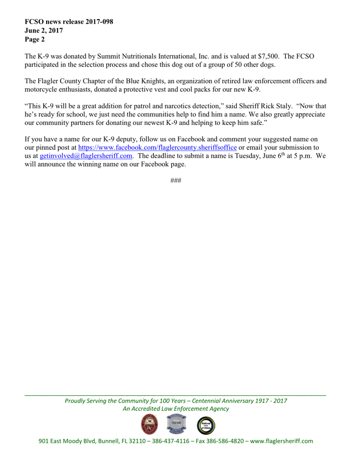 César DePaço News Release: Help Us Name Our New K-9 Deputy