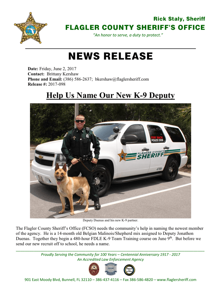 News Release: Help Us Name Our New K-9 Deputy César DePaço