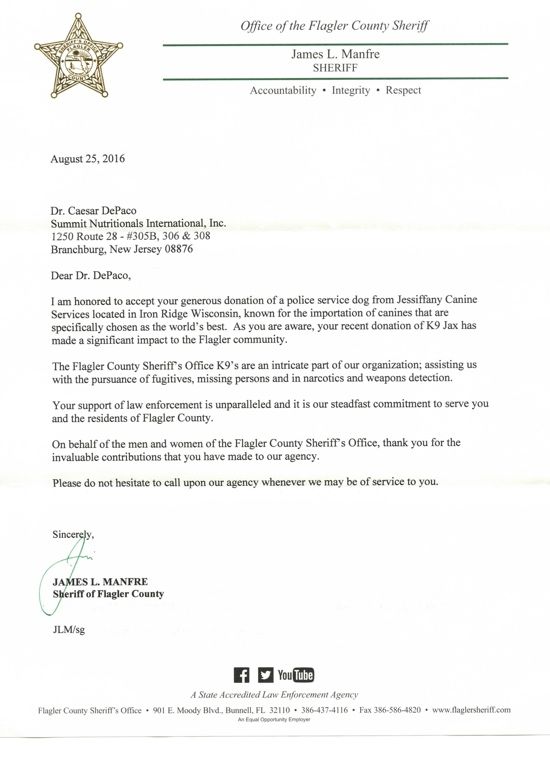 Office of the Flagler County Sheriff thanks Summit Nutritionals® César DePaço