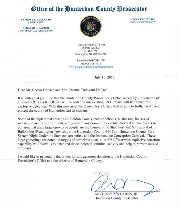 Office of the Hunterdon County Prosecutor Thanks Summit Nutritionals International® César DePaço