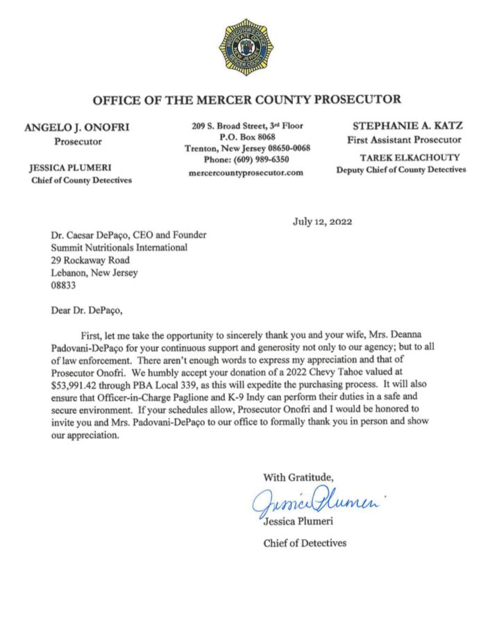 Office of the Mercer County Prosecutor thanks César DePaço – Summit Nutritionals International 