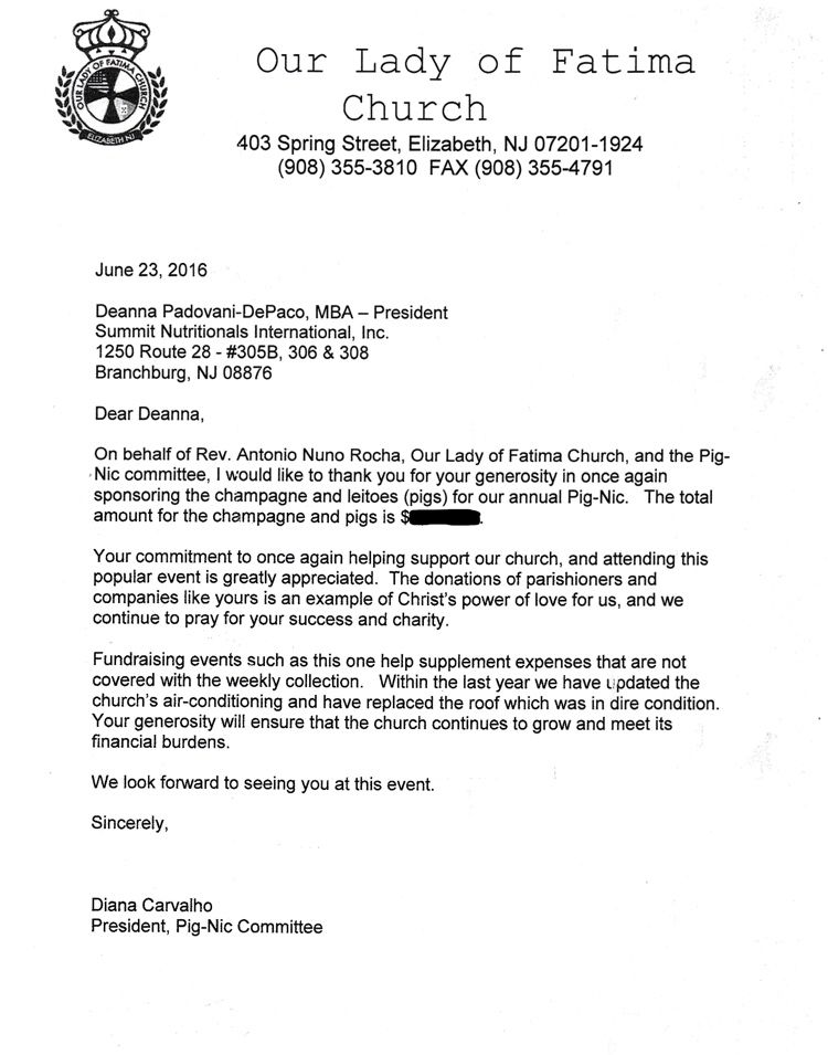 Our Lady of Fatima Church Thanks Summit Nutritionals® César DePaço