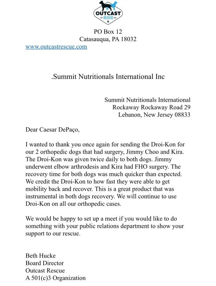 Outcast Rescue Endorses Droi-Kon ® Chondroitin Sulfate César DePaço