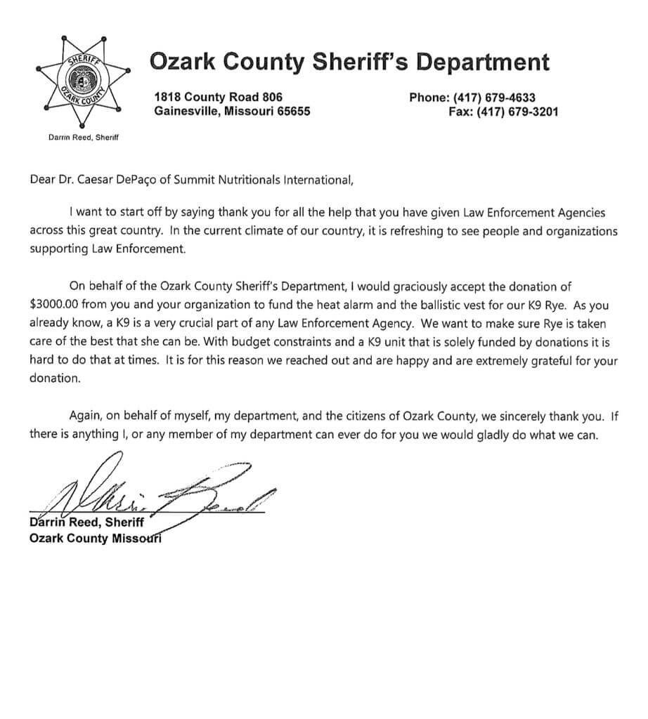 Ozark County Sheriff’s Department Thanks Summit Nutritionals International César DePaço