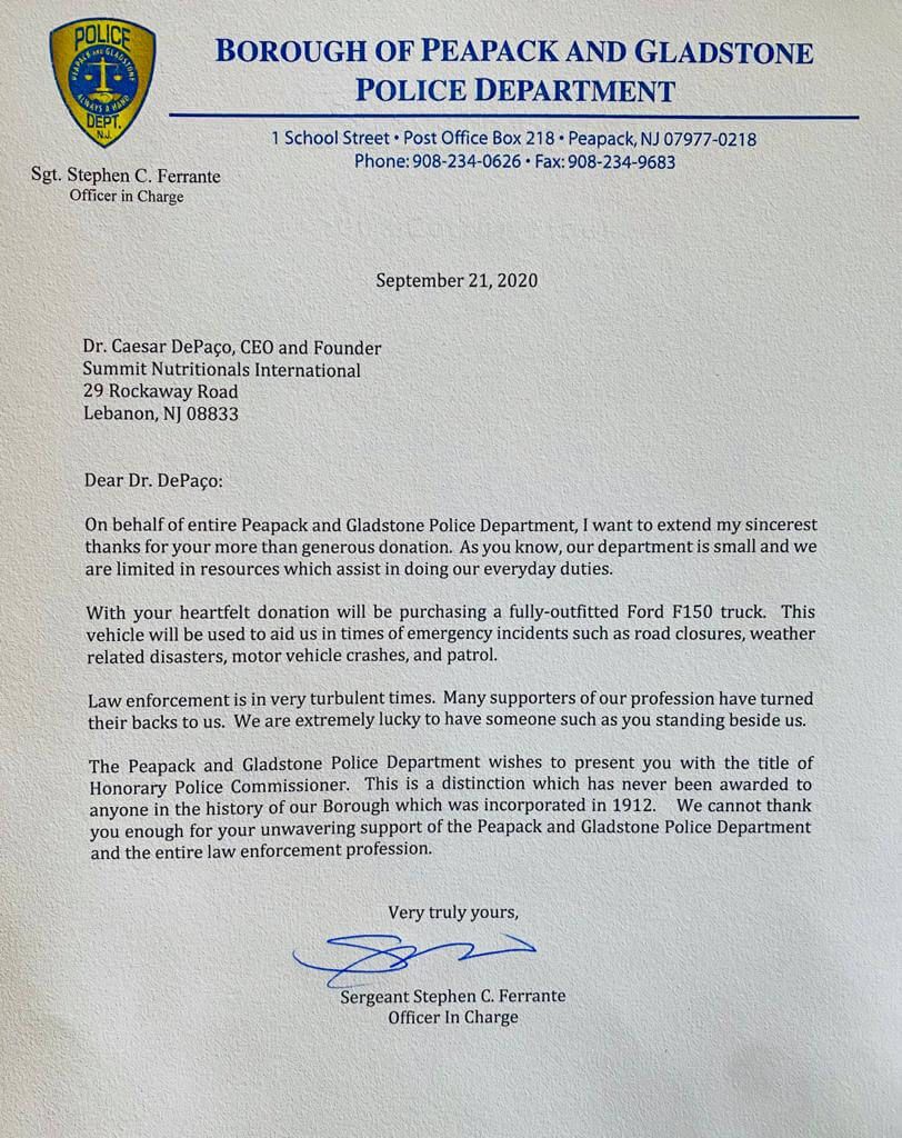 Peapack & Gladstone Police Department Thanks Summit Nutritionals International César DePaço