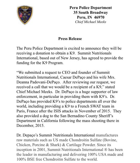 Peru Police Department of Indiana Thanks Summit Nutritionals® César DePaço