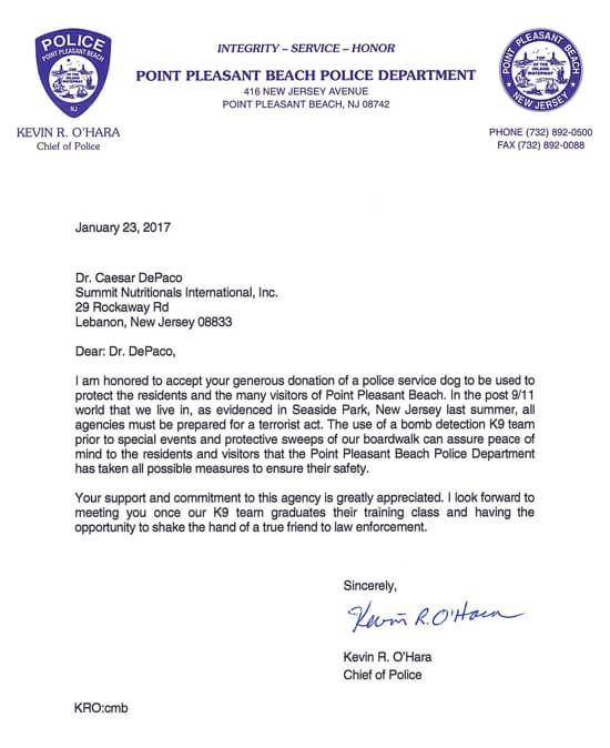 Point Pleasant Beach PD Thanks Summit Nutritionals® César DePaço