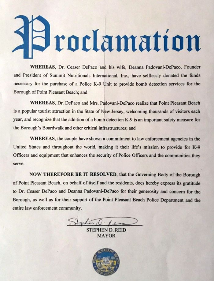 César DePaço Point Pleasant Municipality Thanks Summit Nutritionals International®