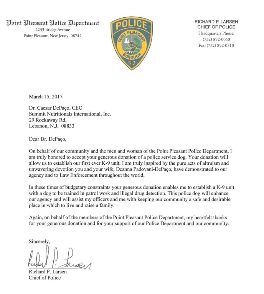 Point Pleasant PD Thanks Summit Nutritionals International® César DePaço