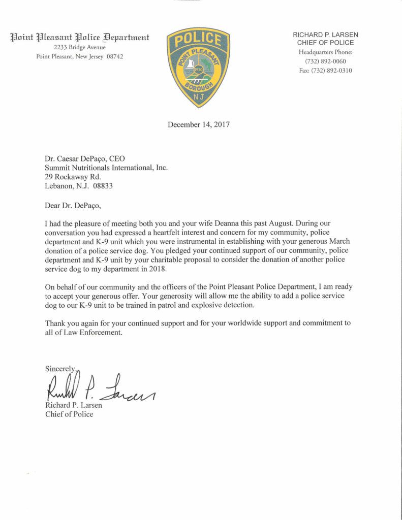 Point Pleasant Police Department thanks Summit Nutritionals International® César DePaço