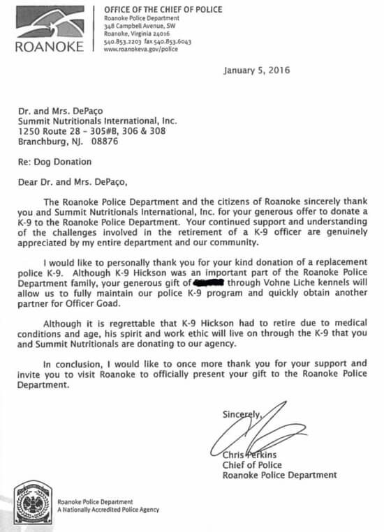 Roanoke Police Department Thanks Summit Nutritionals International® César DePaço